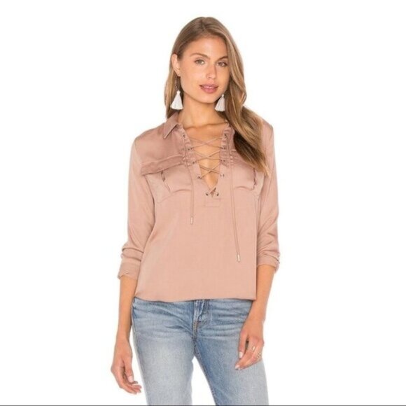 REVOLVE Tops - REVOLVE L'Academie Safari Blouse Camel Lace Up Tie Front Satin Size XS